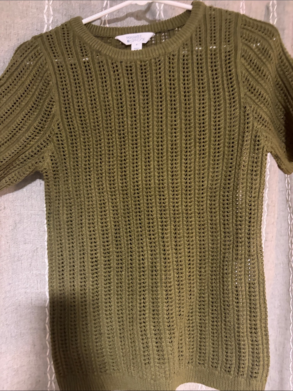 Market and spruce Olive Short-Sleeve Open-Knit Crew Sweater